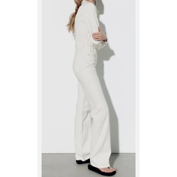 ZARA WOMEN TRF WIDE-LEG DENIM JUMPSUIT OYSTER WHITE BLOGGERS FAVORITE - Picture 5 of 9